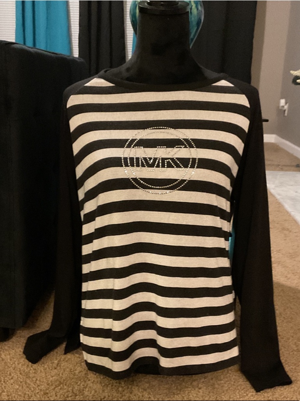 Michael Kors Black and White Striped Long Sleeve Tee
